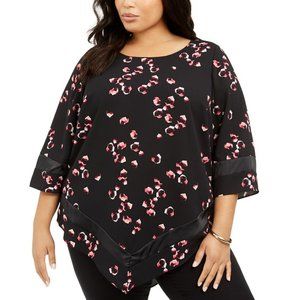 Alfani Womens Plus Size Black Floral Print 3/4 Sleeve Pointed Hem Scoop Neck Top